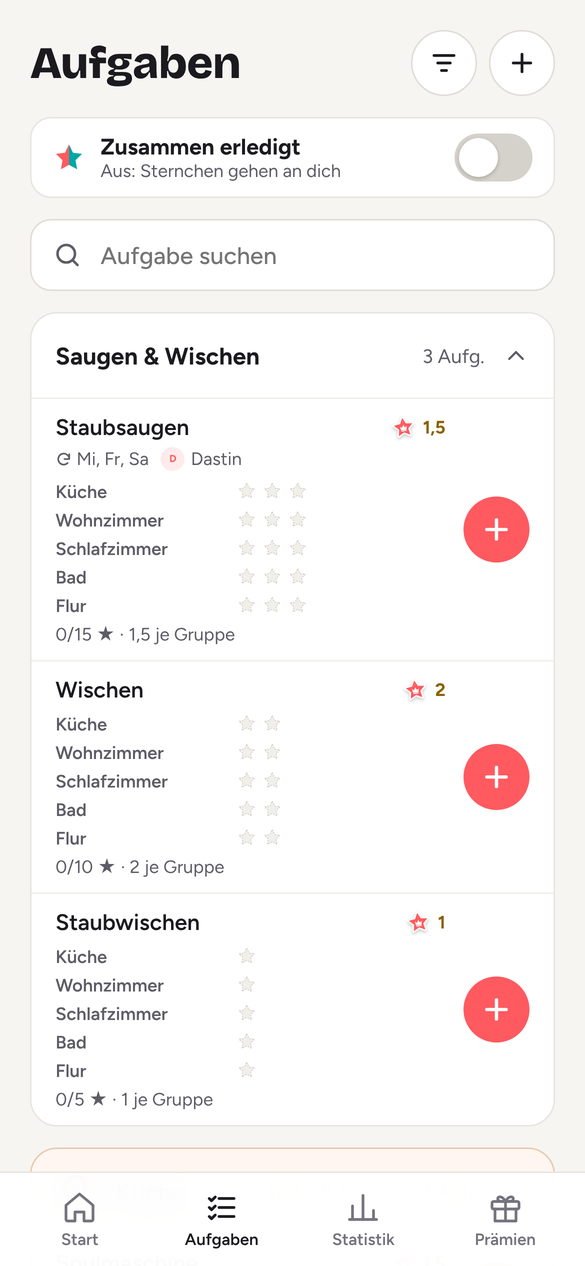 Aufgaben nach Räumen, mit Sticker pro Erledigung